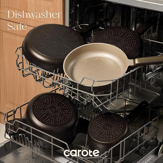 CAROTE Pots and Pans Set Nonstick, 16pcs Cookware Set Nonstick Non-Toxic & PFOA&PFOS-Free, Dishwasher, RV/Camping Cookware Set, Cooking Pots with Lids, Brown