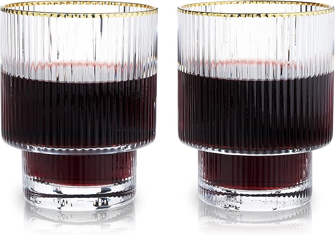Viski Meridian Lowball Glasses Set of 2 - Premium Crystal Clear Vintage Drinking Tumblers for Whiskey, Scotch & Bourbon in Art Deco Ripple Glassware Design, Gold Rimmed Glassware Gift Set, 10.5 oz