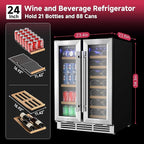 24" Wine and Beverage Refrigerator, Dual Zone Wine Cooler with Glass Door, Hold 88 Cans and 21 Bottles, Built in or Freestanding Under Counter Wine Fridge with Blue LED Light.
