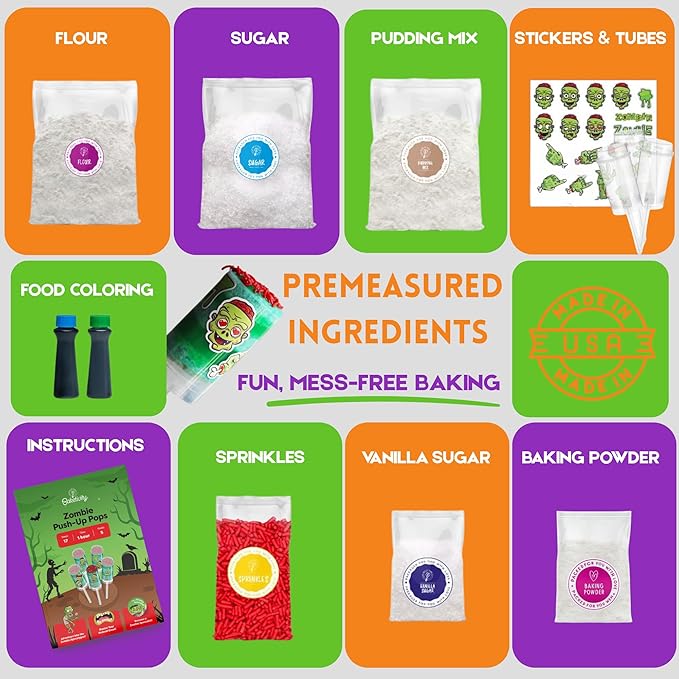 Zombie Push-Up Pops Baking Kit for Kids Halloween Baking Kit with Pre-Measured Ingredients Zombie Decorations & Step-by-Step Guide DIY Cake & Pudding Push-Up Pops Kit Fun Family Activity Party Gift