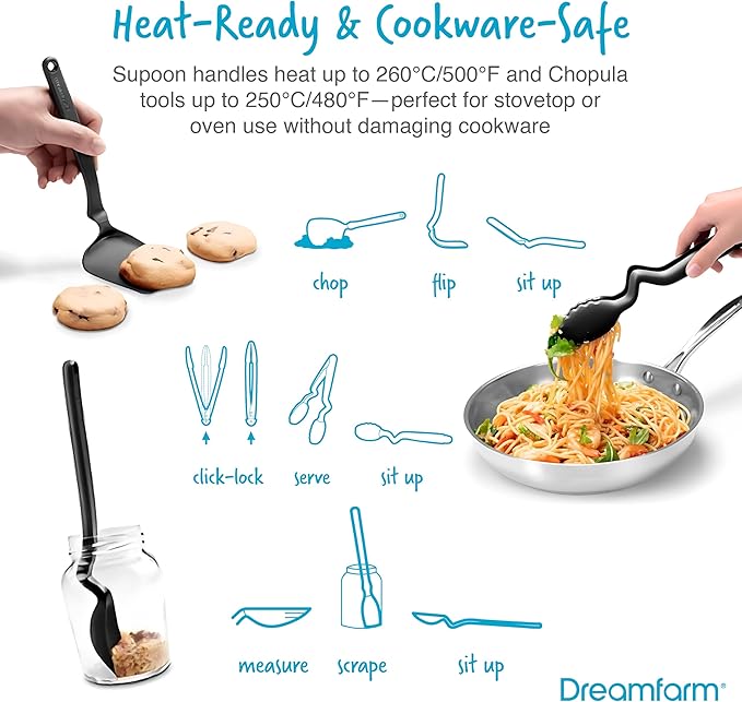 Dreamfarm Everyday Kitchen Essentials (Black) - Clongs Lite Click‑Lock Tongs, Supoon & Mini Supoon Scraper Spoons, Chopula & Mini Chopula Spatulas – Heat‑Resistant Nylon/Silicone for Cooking & Baking