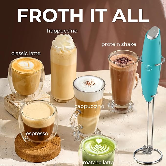 Zulay Kitchen Patented Tornado Triple Whisk Milk Frother with 4 Duracell Batteries – Handheld Foam Maker for Coffee, Lattes, Matcha & Hot Chocolate – Rich, Creamy Froth in Seconds - Teal Blue