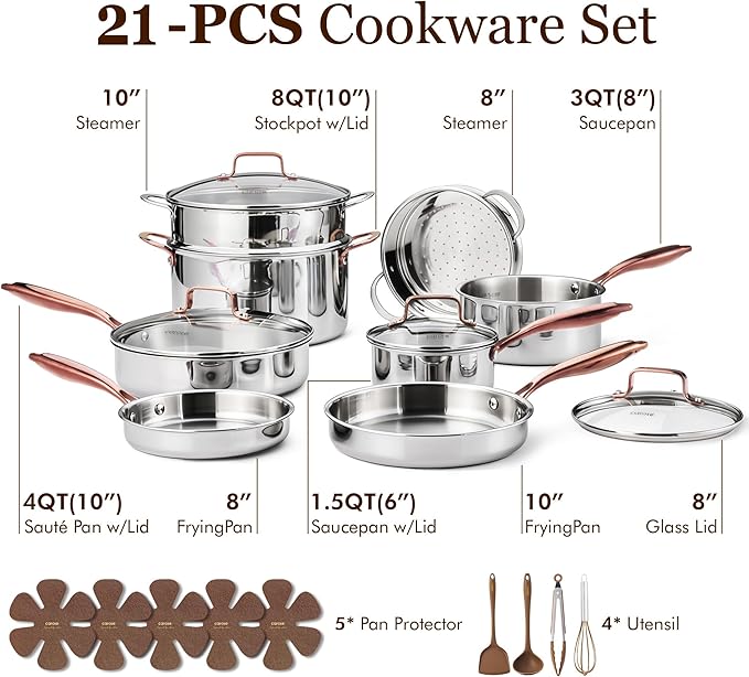 CAROTE 21pcs Tri-Ply Stainless Steel Cookware Set, Pots and Pans Set, Non Toxic Induction Kitchen Cooking Sets, Cookware Collection, Mirror Polish, Gold