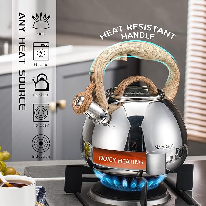 MARSKITOP Whistling Tea Kettle for Stove Top, Stainless Steel Tea Pot with Wooden Pattern Handle, Loud Whistle Water Kettle 2.6 Quart, Silver