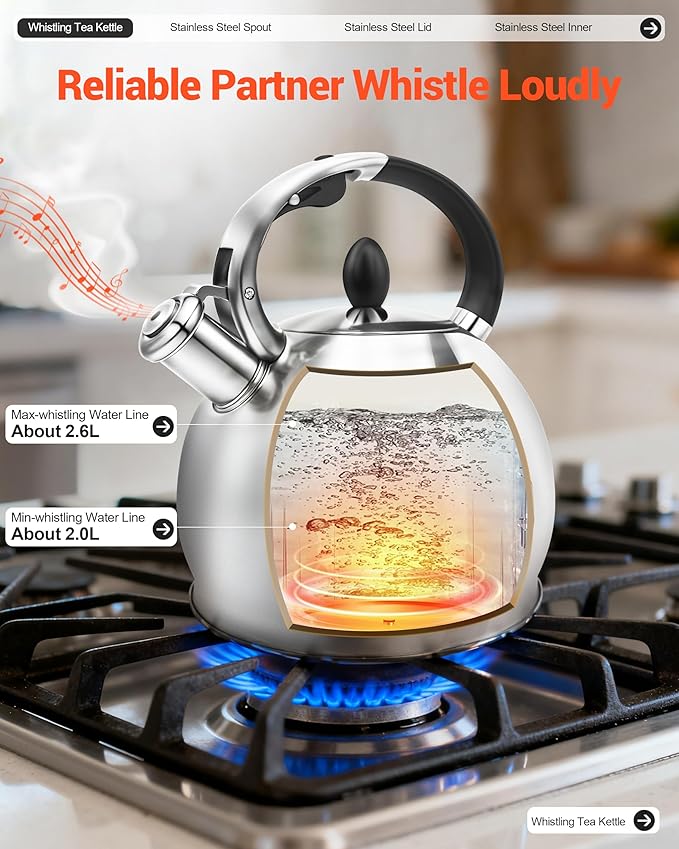 Whistling Tea Kettle for Stovetop, (2.64 Quart-Mirror） Food Grade Stainless Steel Teapot of 5-layer base