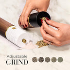 Wooden Salt and Pepper Grinder Set – Refillable Manual Salt and Pepper Mills with Adjustable Ceramic Burrs, Gold Detailing, and Wood Stand – White, Black and Acacia