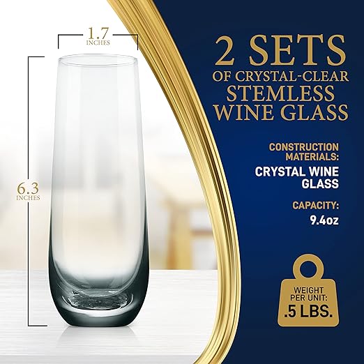 Champagne Flutes Stemless 9.4oz Set of 2 Elegant Clear Crystal Glass Drinkware w/Narrow Rim Seamless Bowl Lead-Free Dishwasher Safe Sparkling Wine Glassware Perfect for Any Occasion by NutriChef