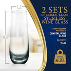 Champagne Flutes Stemless 9.4oz Set of 2 Elegant Clear Crystal Glass Drinkware w/Narrow Rim Seamless Bowl Lead-Free Dishwasher Safe Sparkling Wine Glassware Perfect for Any Occasion by NutriChef