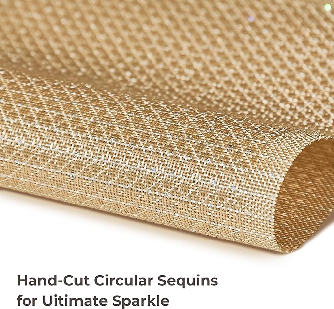 Leetaltree Luxury Gold Sequin Placemats Set of 6 - Waterproof Washable for Wedding, Anniversary, Daily Use - Sparkling Table Decor - Hand-Cut