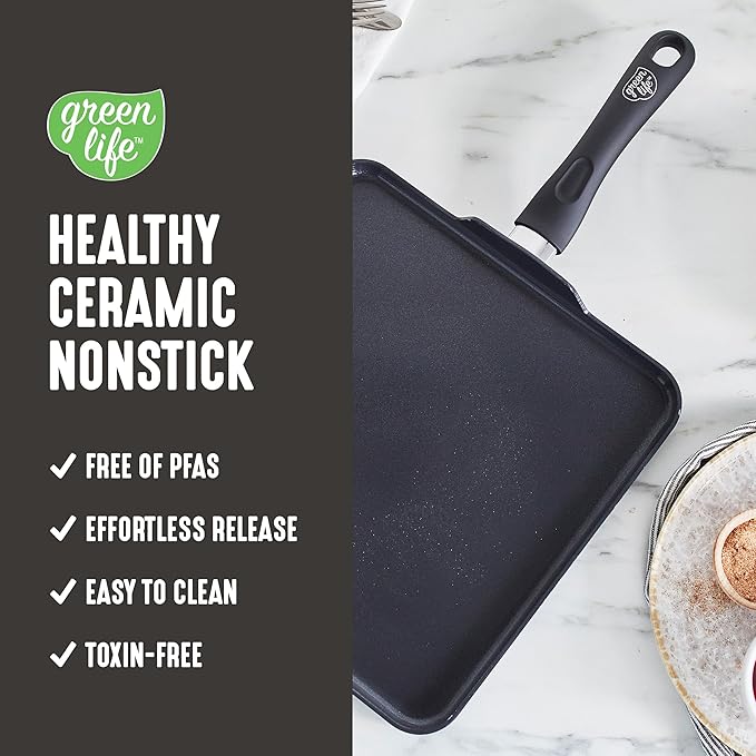 GreenLife Soft Grip Diamond Healthy Ceramic Nonstick 11" Griddle Pan, PFAS-Free, Dishwasher Safe, Black