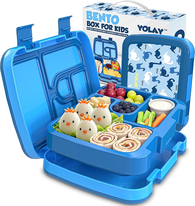 YOLAY Bento Box for Kids Lunch Box Leak-Proof, 5-Compartment Lunch Box Kids for Ages 3-10, Durable with Anti-Slip Base, Suitable for Schools, Outdoor and Travel (Mermaid) (Dino)