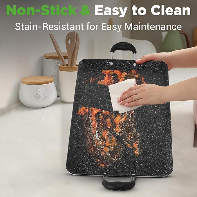 Nutrichef Double Burner Griddle, Non-Stick Stove Top Griddle for Gas Stove, Dishwasher Safe, Heatproof Bakelite Handles, Even Heat Distribution, PFOA & PFOS Free, 20” x 12” x 0.8” Inch (Black)