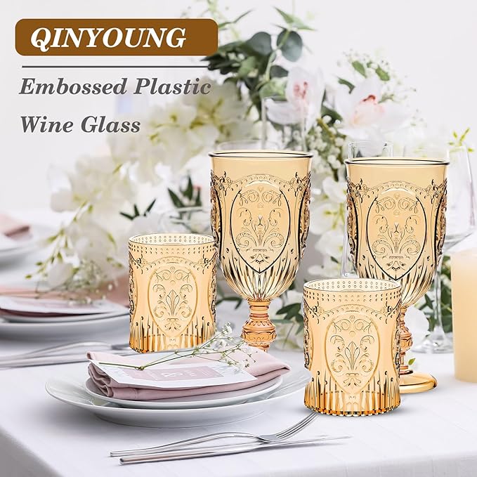 Qinyoung 12 Plastic Vintage Drinking Glasses 8.5oz Stemless Retro Embossed Wine Glasses Shatterproof Reusable Cups for Baby Shower Wedding Reception Grand Event Party (Yellow)