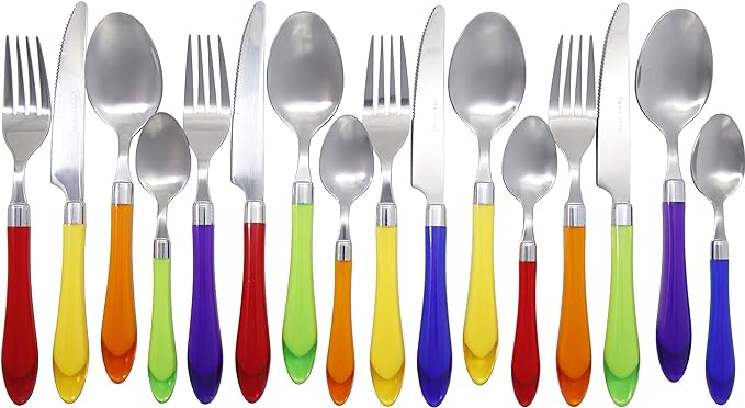 The Original Brink House Rainbow Mix & Match Stainless Steel Cutlery Set with Translucent Handles / 16 pieces with Metal Stand/Lifestyle utensils set for home, first apartment, dorm, outdoor events