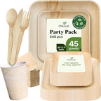 Chic Leaf Compostable Palm Leaf Plates & Cups Set - 10 In & 7 In Pack of 45, Natural - Biodegradable Tableware & Disposable Plates & Cups - Durable Bamboo Utensils, Thanksgiving Dinner
