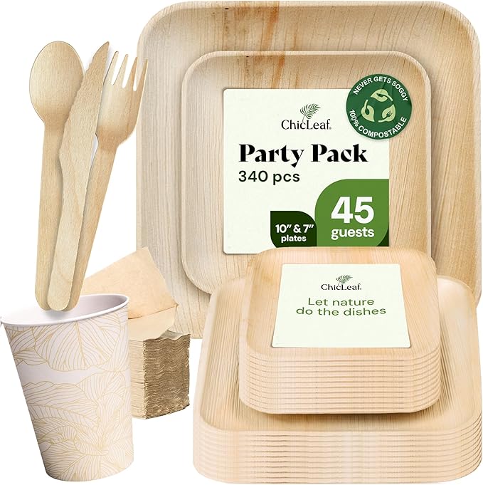 Chic Leaf Compostable Palm Leaf Plates & Cups Set - 10 In & 7 In Pack of 45, Natural - Biodegradable Tableware & Disposable Plates & Cups - Durable Bamboo Utensils, Thanksgiving Dinner