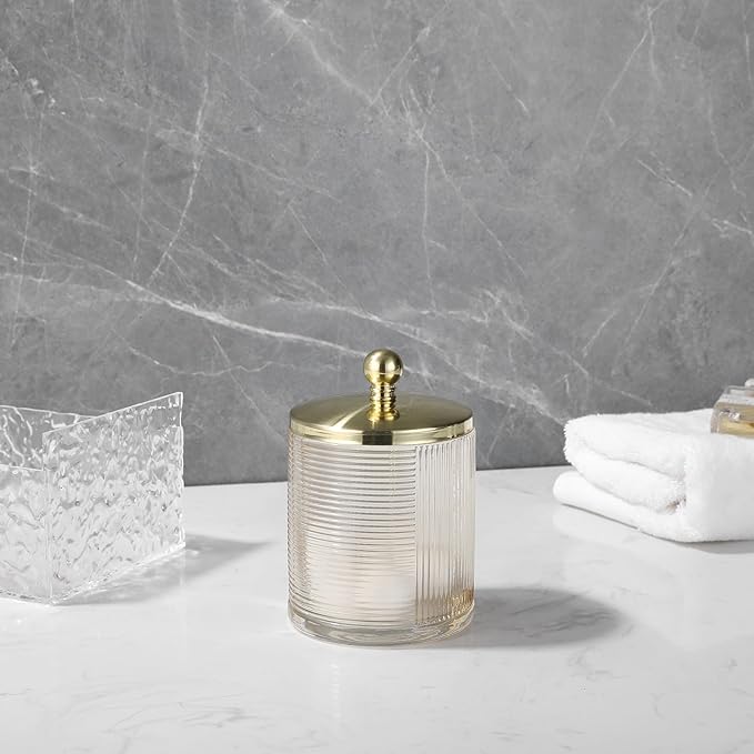 Tan Colored Tranlucent Apothecary Ribbed Geometric Etched Glass Jar W/Gold Metal Lid Cover for Bathroom Organization, Cotton Balls, Q Tips, and Small Accessories, Bathroom Storage