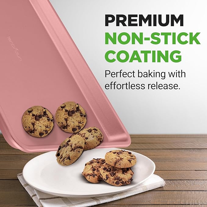 NutriChef 2-Piece Nonstick Cookie Sheets for Baking - Premium Medium & Large Size Baking Sheet Set - Thick Carbon Steel Bakeware Trays - Dishwasher Safe, Rose Gold