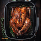 CHEFMADE Roasting Pan, 17-Inch Non-Stick Turkey Roaster Lasagna Pan with V Rack - Rectangular Deep Dish Chicken Roaster-BBQ Pan for Turkey 14.1" x 17.1" x 3.3"(Black)