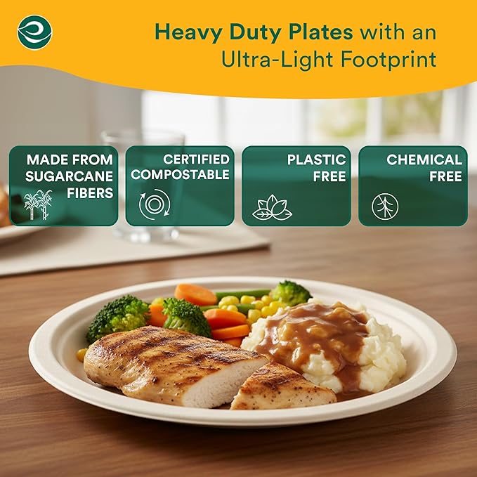 ECO SOUL 100% Compostable Paper Plates 10 Inch [500-Pack] Biodegradable Heavy Duty Eco-Friendly Disposable Plates for Christmas Dinner, Parties, Wedding & Event
