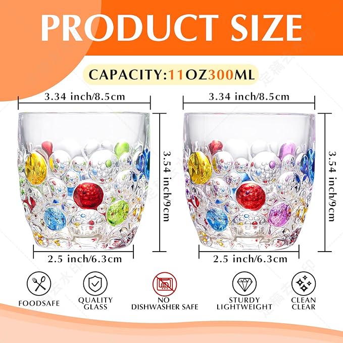 Handmade Crystal Water Glasses, So Cute, Colored Beaded, Set of 6, Bubble Design, 11oz Modern Hobnail Drinking Glasses, for Water,Whiskey, Wine, Beer,Juice,Cocktail,Coffee, Champagne, Gift