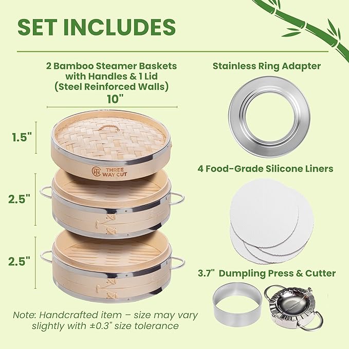2-tier 10" Bamboo Steamer with Reinforcement & Handle, Reusable Silicone Liner & Accessories Kit For Cooking Dumpling, Baby Bao Bun, Dim Sum, Rice Potsticker Steaming Chinese Asian Food & Vegetables