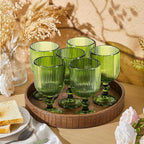Reallnaive Green Glass Goblets Set of 8, 13 oz Vintage Goblet Glassware Decorative Wine Glasses, Cute Water Drinking Cups, Vertical Line Embossed Pattern Drinkware Cocktail Set for Xmas Gifts