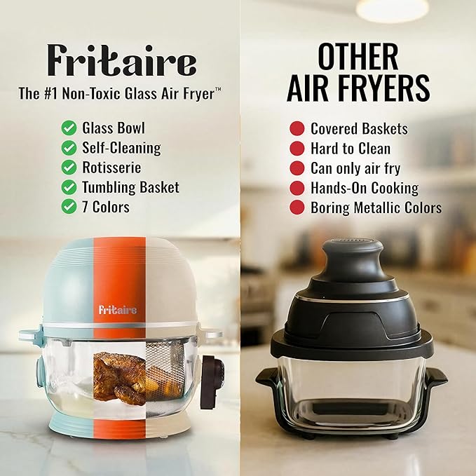 Non Toxic Air Fryer™ Pro | 9-in-1 Glass Air Fryer | Self-Cleaning | 5 Quart | Rotisserie and Tumbler | 400F Vortex For Even Cooking, BPA-Free Teflon Free, Recrisp, Roast, Bake, White