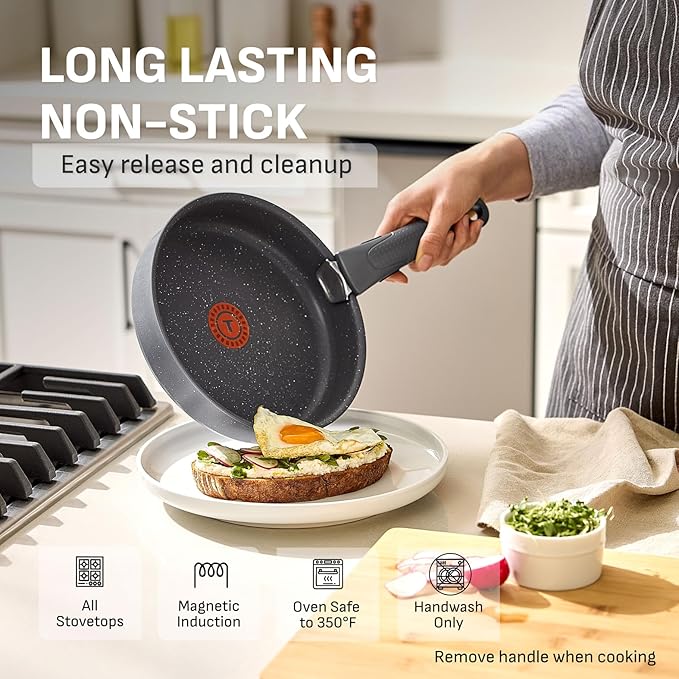 T-fal Ingenio Essentials Cookware Set with Detachable/Removable Handle 11 Piece, Granite Titanium Non Stick, Induction, Oven Broiler Safe 500F, Stackable, Pots and Pans Set, RV Camping, Fry Pans Gray