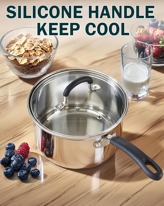 Cook N Home 2 Quart Stainless Steel Saucepan Set with Lid, Induction Compatible Milk Pots, Stay-Cool Silicone Handle, Mirror Polished 18/10 Cookware, Dishwasher & Oven Safe, Silver