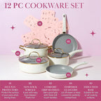 Paris Hilton Epic Nonstick Pots and Pans Set, Multi-layer Nonstick Coating, Tempered Glass Lids, Soft Touch, Stay Cool Handles, Made without PFOA, Dishwasher Safe Cookware Set, 12-Piece, Cream