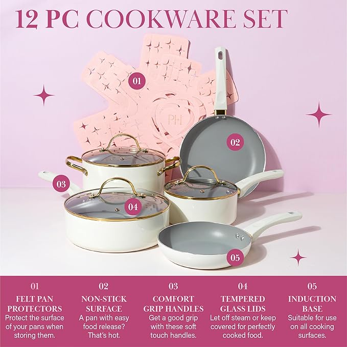 Paris Hilton Epic Nonstick Pots and Pans Set, Multi-layer Nonstick Coating, Tempered Glass Lids, Soft Touch, Stay Cool Handles, Made without PFOA, Dishwasher Safe Cookware Set, 12-Piece, Cream