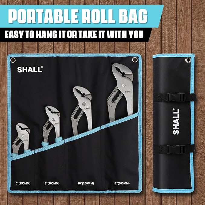 SHALL 4-Piece Groove Joint Pliers Set, 12/10/8/6 Inch Adjustable Water Pump Pliers with Cushion grip, Tongue and Groove Pliers w/Tool Roll Bag for Home Repair, Plumbing, Gripping, Nuts, Bolts