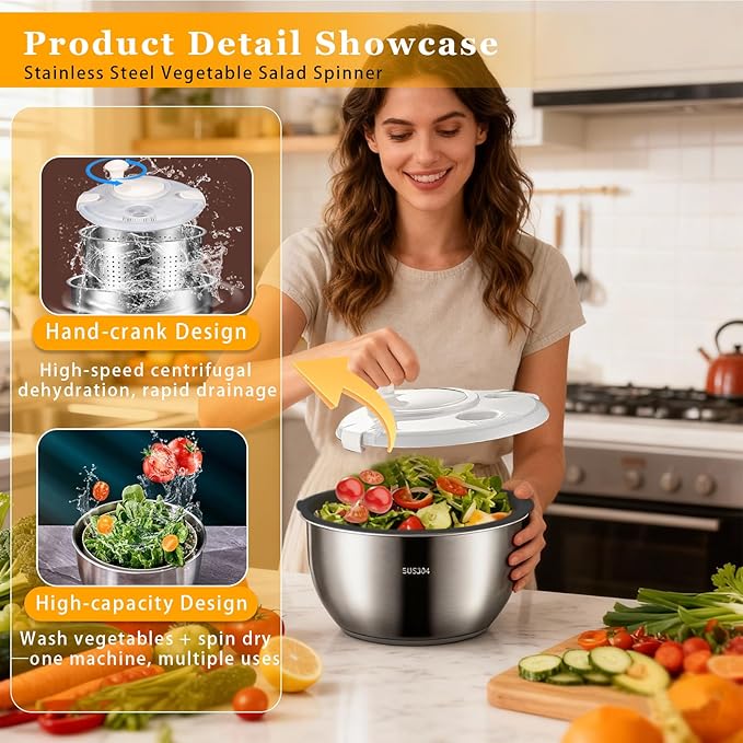 Salad Spinner Stainless Steel, Metal Salad Spinner, Salad Spinner Large, 6l With Pp Cover, Essential Kitchen Tool for Dehydrating Lettuce, Fruits and Vegetables, Pasta, and French Fries