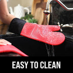 BPA-Free Soft Silicone Oven Mitts - Ultra Heat Resistant Oven Mitts with Thick Cotton Liner - Extra Long Slip Resistant Pot Holders, Flexible Oven Gloves - Red/Black 14.7"