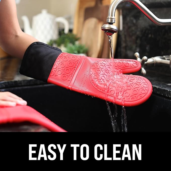 BPA-Free Soft Silicone Oven Mitts - Ultra Heat Resistant Oven Mitts with Thick Cotton Liner - Extra Long Slip Resistant Pot Holders, Flexible Oven Gloves - Red/Black 14.7"