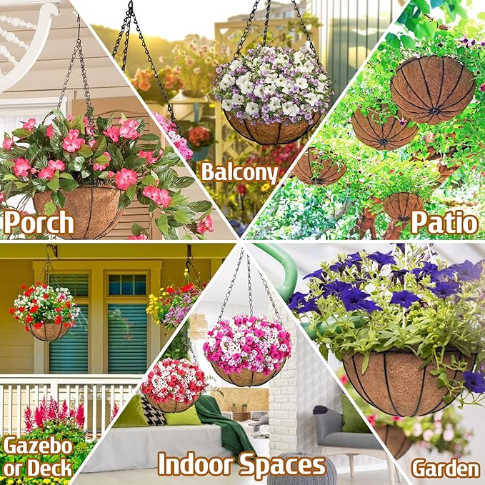 ZeeDix 2 Pack 14 Inch Metal Outdoor Hanging Baskets & Planters for Plants - Heavy Duty Round Garden Planters with Coconut Liners for Flowers, Vegetables