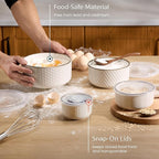 KooK Serving Bowls, with Lids, Ceramic Nesting Bowls, Set of 4, Embossed, Kitchen, Prep, Stackable, Gift, Microwave and Dishwasher Safe, 10/16/29/47 oz, Narbonne Collection (Ivory)