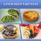 4 Pack Deep Tart Pans with Removable Bottom, 4-Inch Nonstick Quiche Pan with Silicone Basting Pastry Brush for Baking Treats, Pie, Quiches, Tartlets