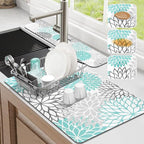 Findosom 2PCS 16" x 24" Dish Drying Mat & 24" x 5.5" Sink Splash Guard, Super Absorbent & Cuttable Dish Mat Drying Kitchen Mat with Teal Floral, Hide Stain Drying Mat for Kitchen Counter
