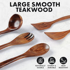Zulay Kitchen Extra-Large 5-Piece Wooden Spoon Set - Smooth Teak Cooking Utensils - Comfort-Grip Non-Stick Turner, Spatula, Skimmer, Fork, Serving Spoon