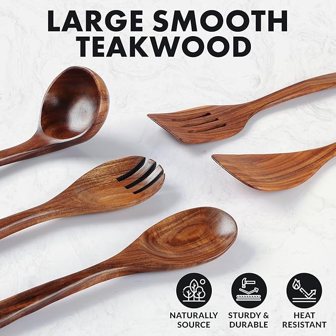 Zulay Kitchen Extra-Large 5-Piece Wooden Spoon Set - Smooth Teak Cooking Utensils - Comfort-Grip Non-Stick Turner, Spatula, Skimmer, Fork, Serving Spoon
