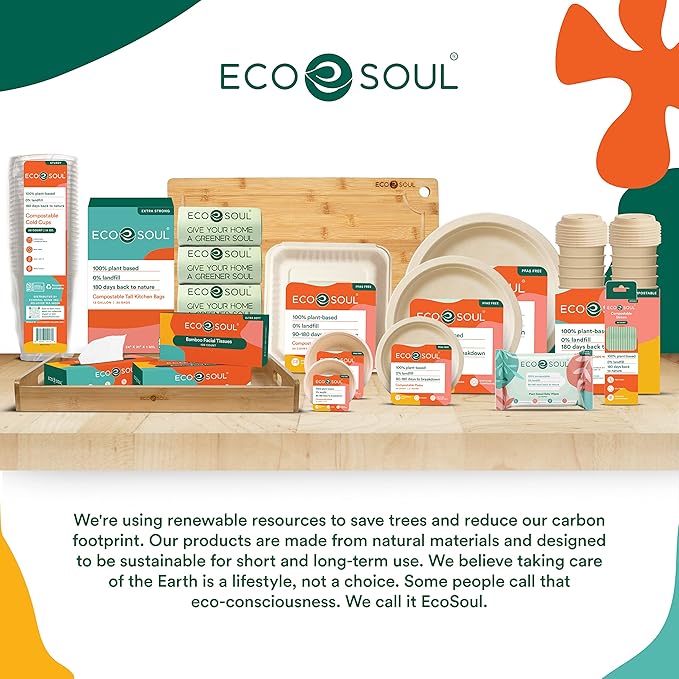 ECO SOUL Compostable 9 Inch(100-Pack) Biodegradable Disposable Paper Plates | Eco-Friendly Dinner, Party, Wedding, Event (100)