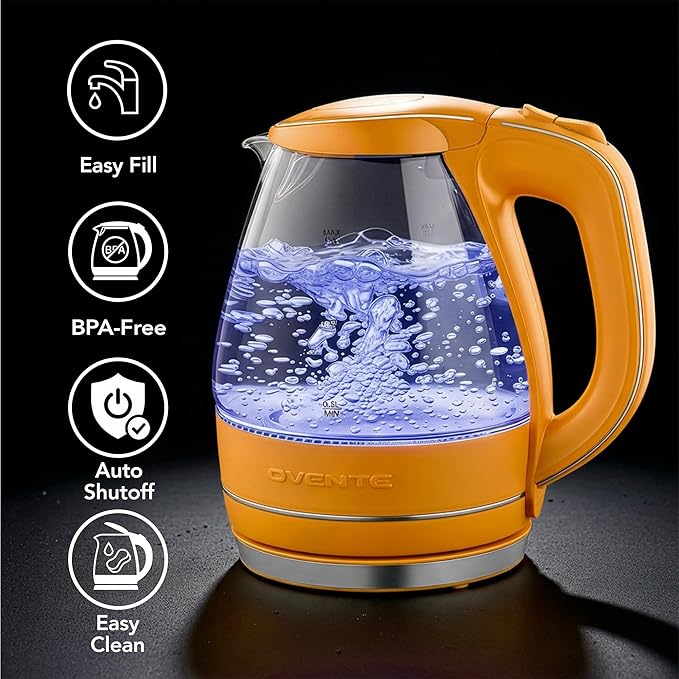 OVENTE Electric Kettle, 1.5L Borosilicate Glass Countertop Water Heater and Boiler for Coffee or Tea, BPA-Free, Auto Shut-Off, Boil-Dry Protection, Removable and Washable Spout Filter, Orange KG83O