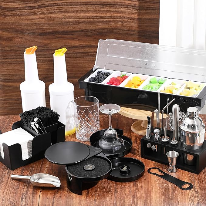 Mifoci 28 Pcs Bartender Kit, Mixologist Bartender Kit Garnish Tray with Lid Bar Caddy and 3 Tier Glass Rimmer, 17 Pcs Margarita Cocktail Shaker Set with Wooden Base for Home Bar Gift Set(PVA Plastic)