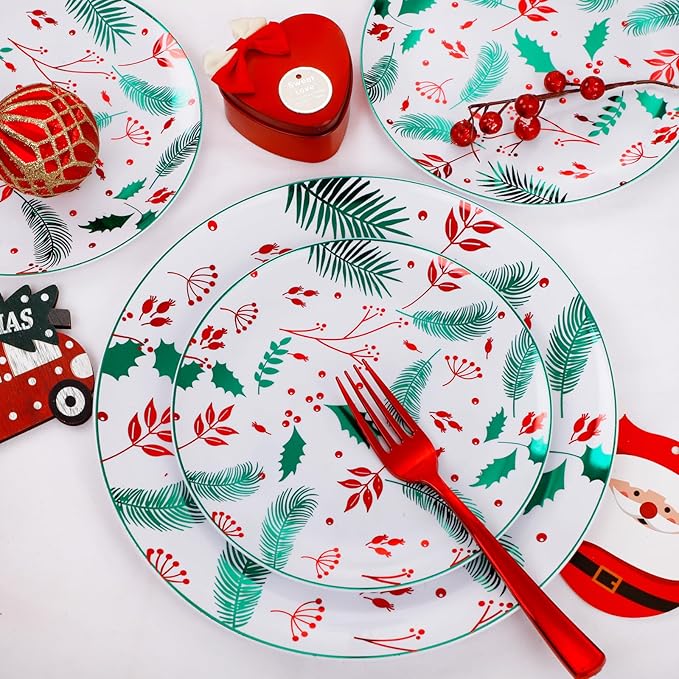 NOCCUR 60PCS Christmas Disposable Plates - Green & Red Plastic Dinner Plates, 30 Dinner & 30 Salad Plates - Pine Needle & Berry Design, Heavy Duty for Christmas Parties