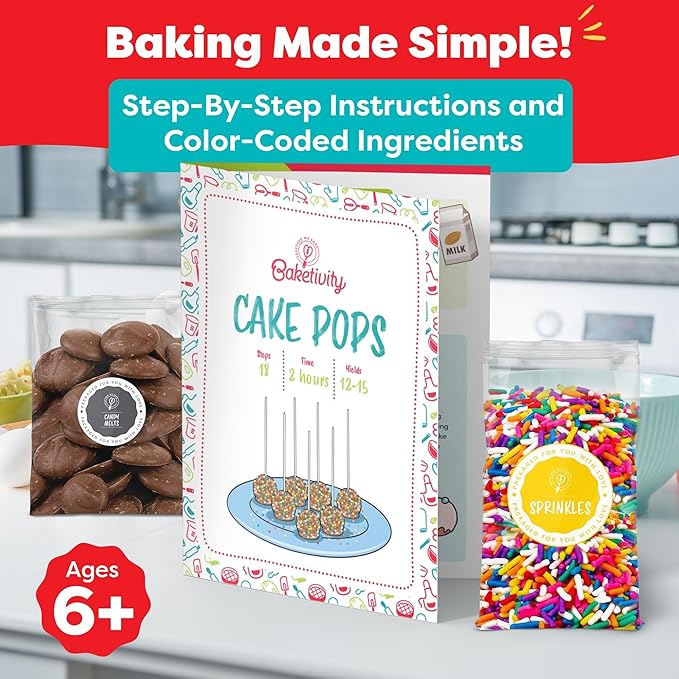 Baketivity Kids Baking DIY Activity Kit - Bake Delicious Cake Pops with Pre-Measured Ingredients – Best Gift Idea for Boys and Girls Ages 6-12 – Includes Free Hat and Apron