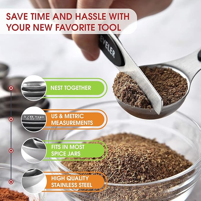 Spring Chef Stainless Steel Magnetic Measuring Spoons Set of 8, Black & Measuring Cups Set of 7
