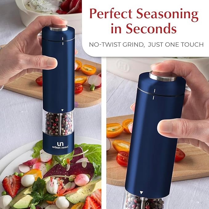 Electric Salt and Pepper Grinder Set - Battery Operated Stainless Steel Mill with Light (2 Mills) - Automatic One Handed Operation - Electronic Adjustable Shakers - Ceramic Grinders Blue