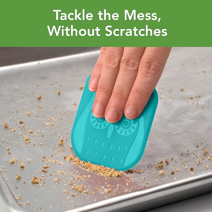 Tovolo Pan Scraper Tool Set of 3 Owl Shaped for Cleaning Scraping & Food Removal Nonstick Cookware Cast Iron Dishes, Dishwasher Safe BPA Free Sturdy Plastic Scraper Kitchen Tool, Assorted Teals